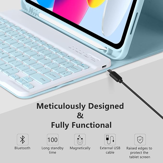 MMK iPad A16 Case (2025, 11"), iPad 10th Generation Case with Keyboard (2022, 10.9"), Wireless Detachable Keyboard, Pencil Holder (Blue)