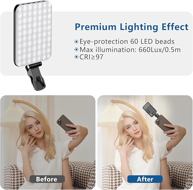 60 LED Portable Selfie Light Video Conference Lighting with Clip & Camera Tripod Adapter Rechargeable 2200mAh CRI 97+, 3 Light Modes for Phone iPhone Webcam Laptop Photo Makeup
