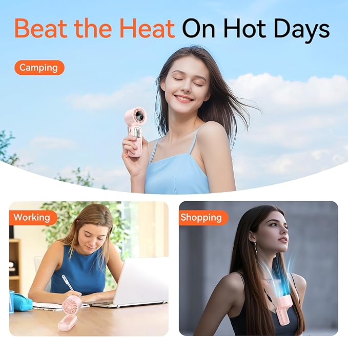 3-in-1 Portable Handheld Turbo Fan-100 Speeds, 15000 RPM, 10Hrs Cooling, LED Display, 90° Rotation, USB Rechargeable Battery Powered, Mini Foldable Hand Held Personal Fan for Women Men (Pink)