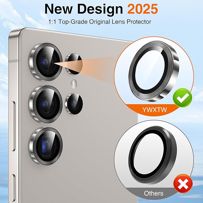 YWXTW [2025 Original Like for Samsung Galaxy S25 Ultra Camera Lens Protector, [Ultra-Thin & 6X Stronger] S25 Ultra Camera Lens Cover, 9H Tempered Glass Upgraded Metal Edging(Titanium Gray)