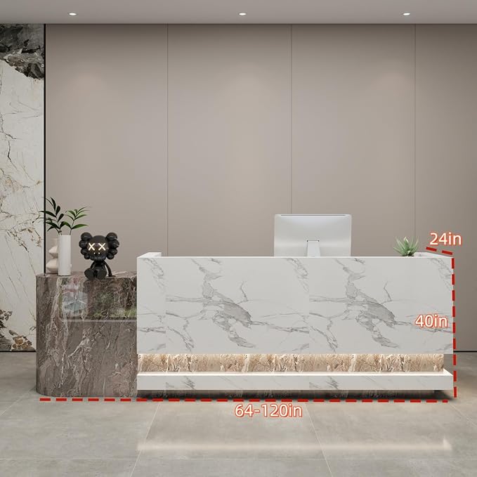 Front Desk Reception Counter - Lockable Storage & Keyboard Tray | Reception Desk with Counter, Customizable Large Counter Table (Grey+White, 64'')