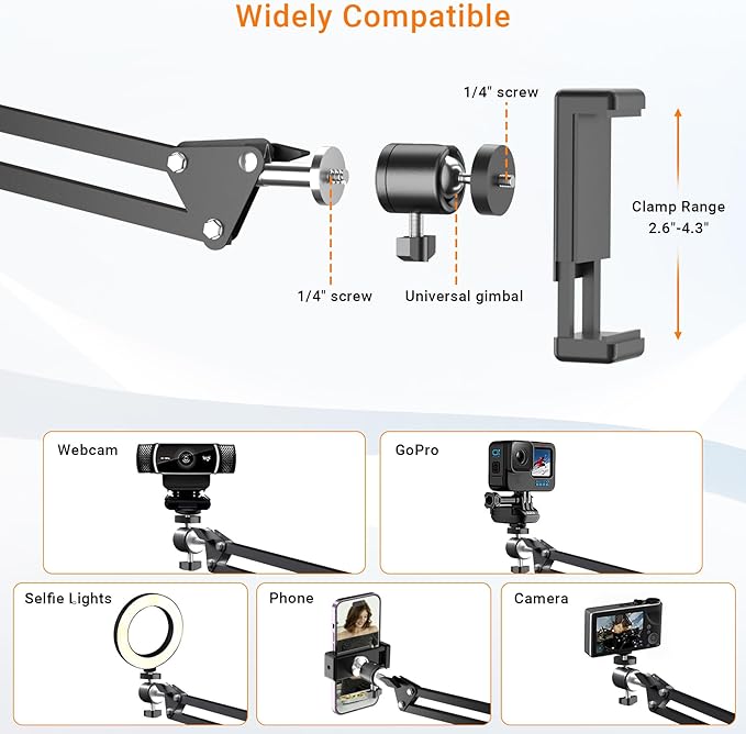 Tall Overhead Camera Mount, High Desk Phone Tripod Mount for Video Recording, Content Creator Essential Compatible with iPhone Compact Cam for Live/YouTube/TikTok