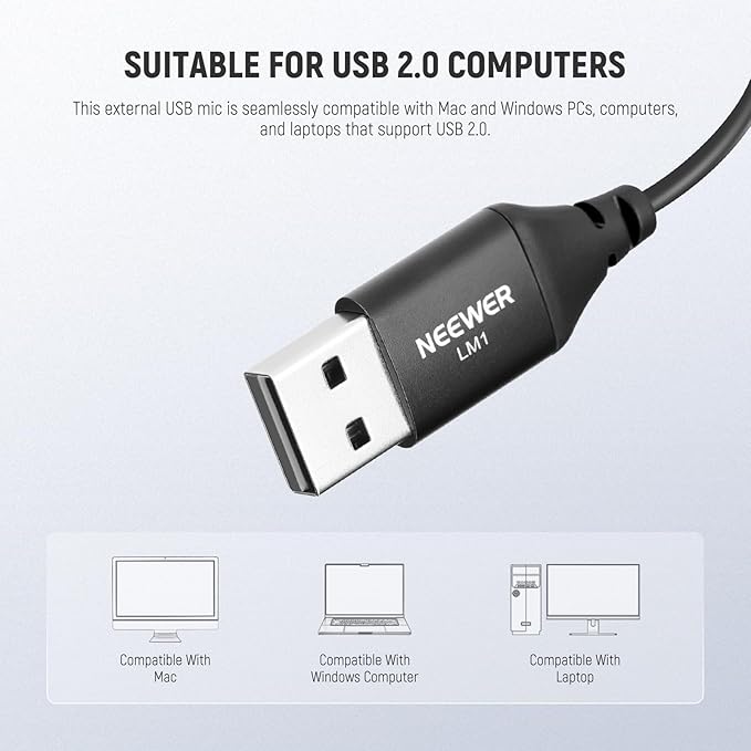 NEEWER USB A Lapel Microphone, Plug & Play Mini Omnidirectional Clip On Lavalier Mic 2m Cable for USB 2.0 Mac Windows PC Laptop Computer YouTube Skype Podcast Gaming Vlog Video Conferencing, LM1