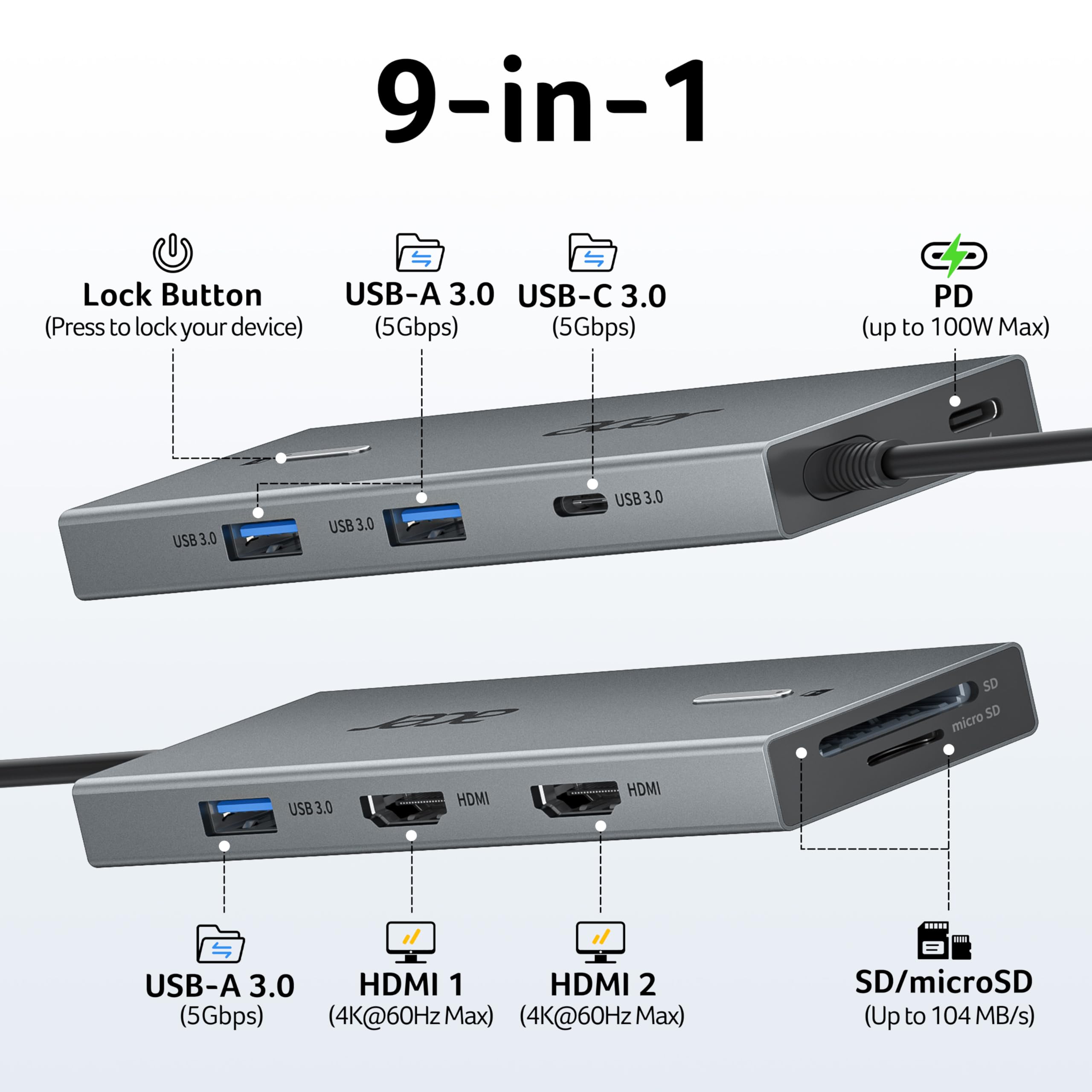 Acer USB C Docking Station Dual Monitor With 2 HDMI, 9-IN-1 Laptop Docking Station with 4K@60Hz HDMI, USB A&C 3.0, SD/Micro SD, 100W PD, USBC Dock Compatible with Acer/Dell XPS/HP/Mac/Surface (0.65FT)