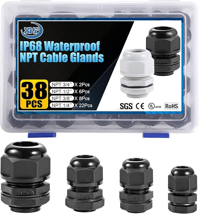 XHF IP68 Nylon Waterproof NPT Cable Glands Assortment 38pcs 1/4", 3/8'', 1/2'', 3/4'' UL Listed and RoHS Cord Grip Compliant Cable Strain Relief Black