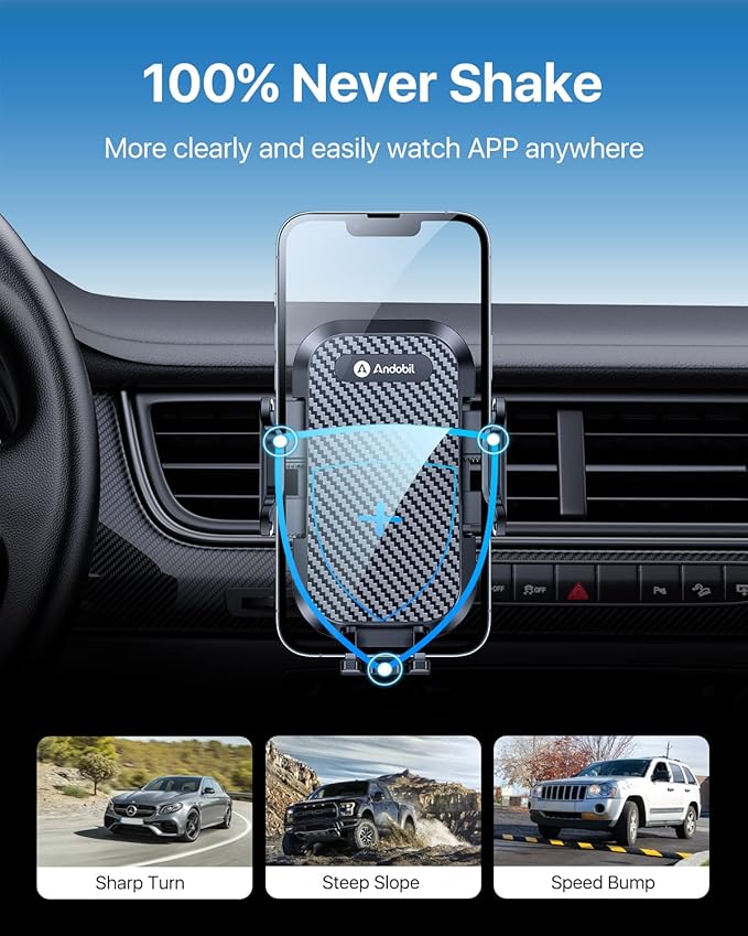 andobil Phone Holders for Your Car - Air Vent Phone Mount, Ultra-Stable Metal Clip with Anti-Shake & 360° Rotation, Universal Car Mount Fit iPhone 16/15/14/13/12 Pro Max/Android/Samsung Galaxy