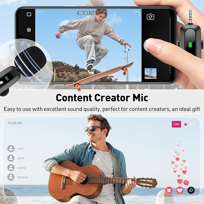 Wireless Lavalier Microphone for iPhone, Android, USB C, PC, Camera Video Recording 4 in 1 Clip-on Mics with Rotatable Clip&Denoise Recording, for Vlog Tiktok YouTube Podcast Content Creator