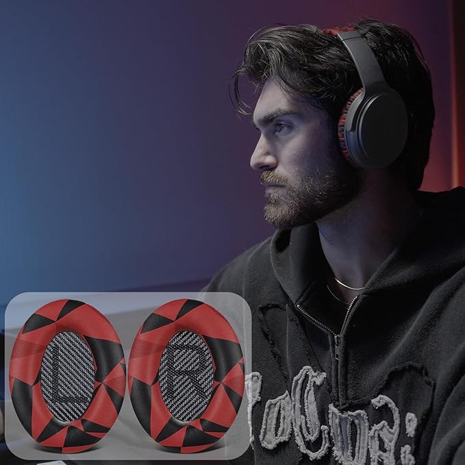 SoloWIT Replacement Earpads Cushions for Bose QuietComfort 35 (QC35) & Quiet Comfort 35 II (QC35 ii) Headphones, Ear Pads with Softer Leather, Noise Isolation Foam, Added Thickness (Red Storm)