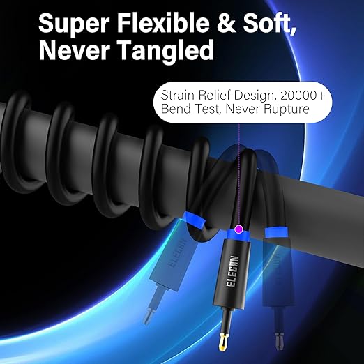 Elecan Mini Toslink to Toslink Digital Optical S/PDIF Audio Cable 35 Ft, Gold Plated Soft Flexible Fiber Optic Cable,Signal Protection PVC,Surround Sound for Soundbar,Home Theater,Hi-Fi System+Ties MI