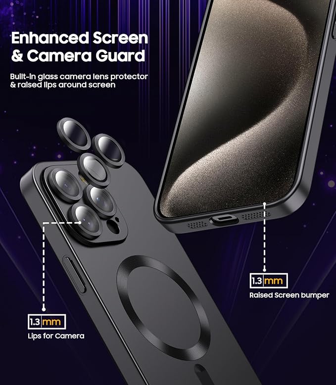 Magnetic for iPhone 15 Pro Case [Compatible with MagSafe][Built-in Camera Lens Protector] Slim Soft Silicone Bumper Shockproof Metallic Shine Phone Case (Black)