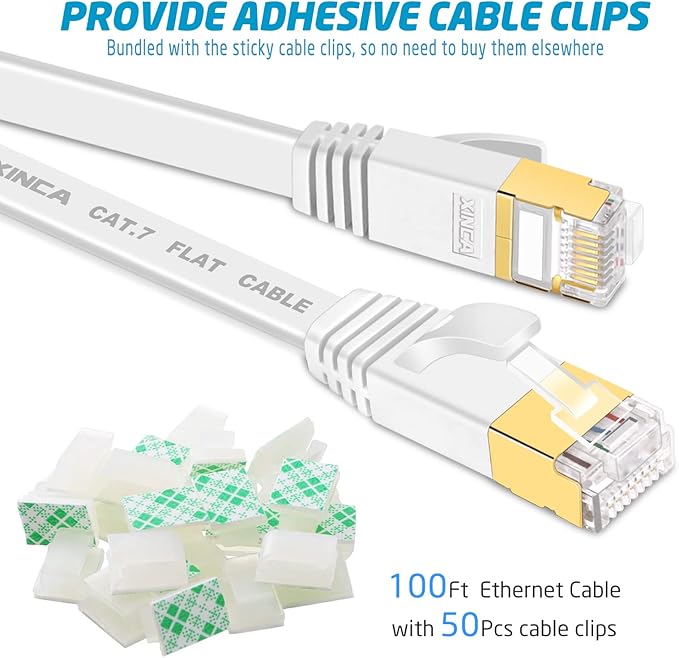 Cat 7 Flat Ethernet Cable 100ft White, High Speed 10GB Shielded (STP) LAN Internet Network Cable Ethernet Patch Computer Cable with Rj45 Connectors and 50pcs Adhesive Cable Clips