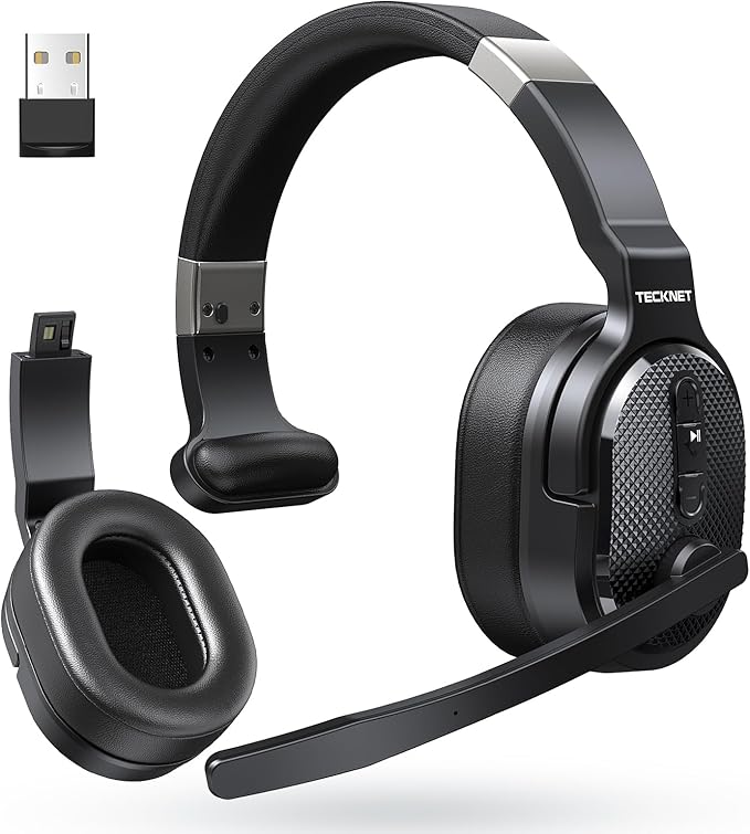 TECKNET Bluetooth Trucker Headset, Single and Dual Ear Wireless Headset with Mic for Work Noise Cancelling, 50Hrs 3 EQ Music Modes Trucker Bluetooth Headphones for PC, Drivers, Office, Call Center