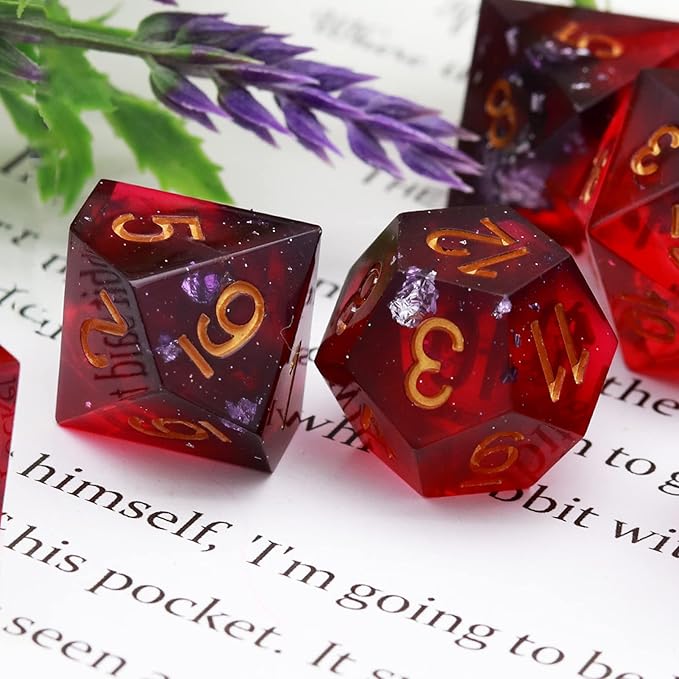 Haxtec Sharp Edge DND Dice Set Purple Red Resin Dice Silver Flakes D&D Dice for RPG Role Playing Games Compatible with Dungeons and Dragons Gift War Series