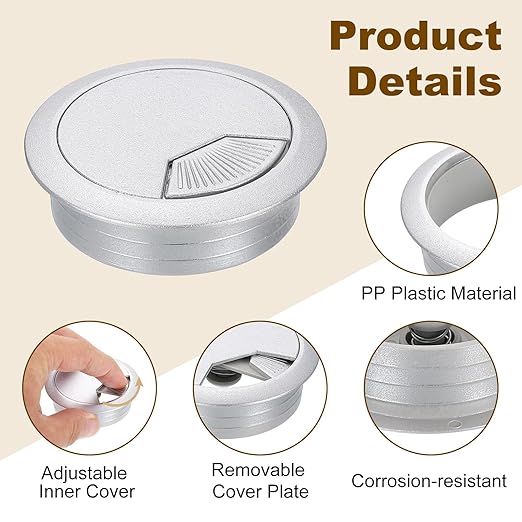 uxcell 5 Pcs 53mm (2.09 Inch) Desk Grommet, Plastic Cable Hole Cover, Wire Cord Cable Organizer for Home Office Computer Desk Cabinet, Silver