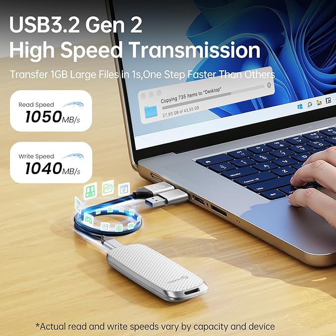 PHIXERO P10PRO External NVMe SSD 256GB, Up to 1050MB/s, USB 3.2 Gen2, Includes 2-in-1 USB C Cable, Portable Hard Drive for iPhone 15+/Android/Windows/Mac, White