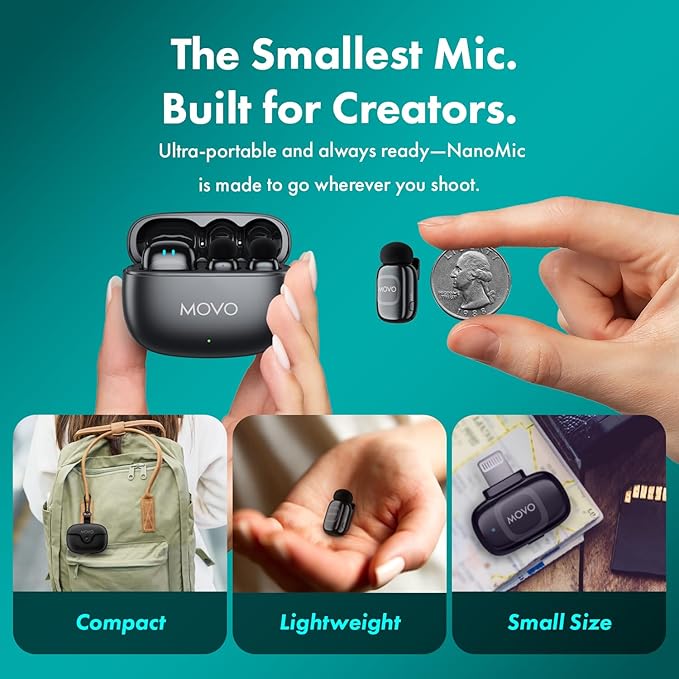 Movo NanoMic Dual Lightning Wireless Microphone for iPhone 14 and Below– Lavalier Mic for iPhone, Great for Vlogging, TikTok, Content Creation