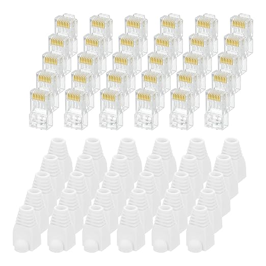 MECCANIXITY 30pcs Cat6 RJ45 Pass Through Connectors, RJ45 Connector 8P8C Gold Plated Plugs with 30pcs White Strain Relief Boots for Solid or Stranded UTP Ethernet Cable, 1.1mm