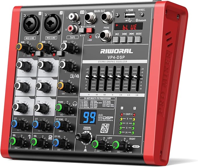 4 Channel Audio Interface DJ Mixer With 99 DSP Effects XLR 1/4 inch Jack For MIC/Musical Instrument USB PC Phone Bluetooth Music Audio Mixer for karaoke Stage Streaming Studio