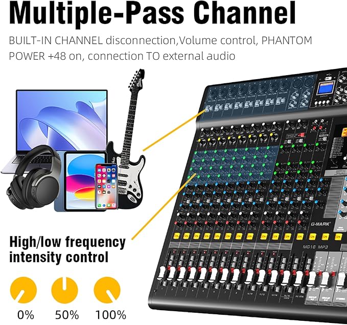 Audio Mixer Bluetooth G-MARK Professional Mixer Usb Interface Sound Board Console System 16 Channel Digital MP3 Computer Input 48V Phantom Power Stereo DJ 24-Bit SPX Effects Mixing Console