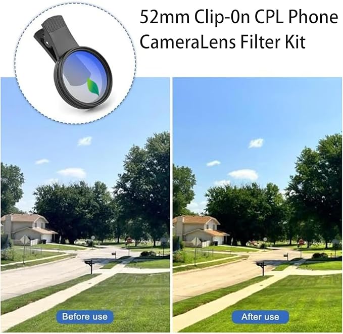 52mm Clip-On Cpl Phone Camera Lens Filter Kit, Circular Polarizer Polarizing Filter Compatible with Most Cell Phones, Cell Phone Lens Polarizing Filter for Iphone with Cleaning Cloth and Case Box(2pcs