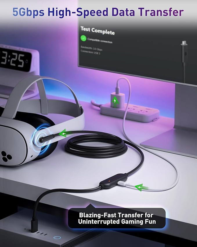 Maxonar [Next-Gen Chip VR Charging Link Cable 16FT Compatible with Meta 3S/3/Oculus 2/Pico 4 Accessories and PC/SteamVR, Awesome Gift-5Gbps USB 3.0 to USB C Cable-Black