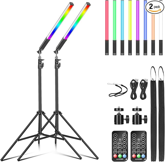 2 Pack RGB LED Video Light Wand Stick, LUXCEO Photography Studio Lighting Kits with 29" to 81" Tripod & Remote Control, Dimmable Photography Light Wand 36 Colors 3000K-6000K
