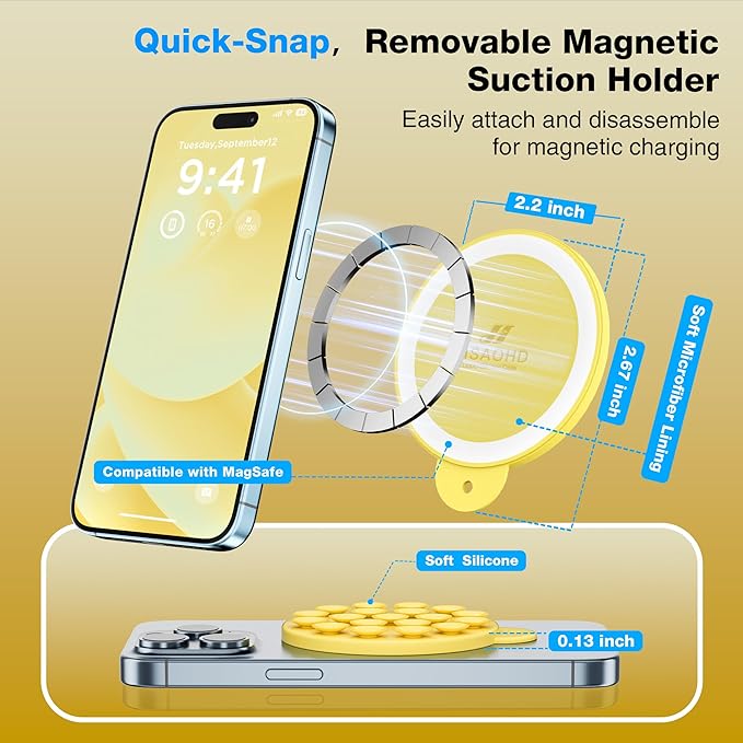 Magnetic Suction Cup Phone Mount for MagSafe Case, Silicone Hands-Free Grip Holder for iPhone and Android, Mirror Shower Phone Stand for Makeup FaceTime Gym Kitchen Bathroom, Yellow