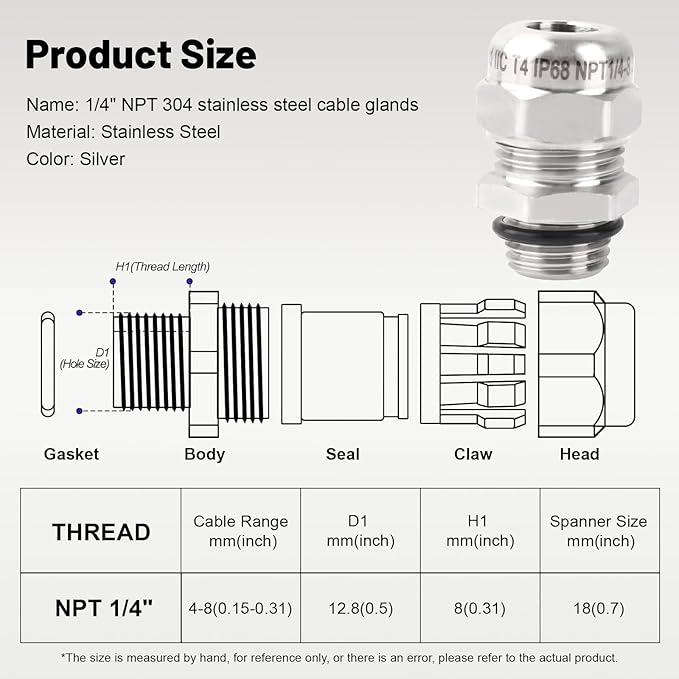 NPT 1/4" Stainless Steel Waterproof Cable Gland IP68 Waterproof Cable Gland Adjustable 4-8mm Cable Gland Protectors - 2 Pcs