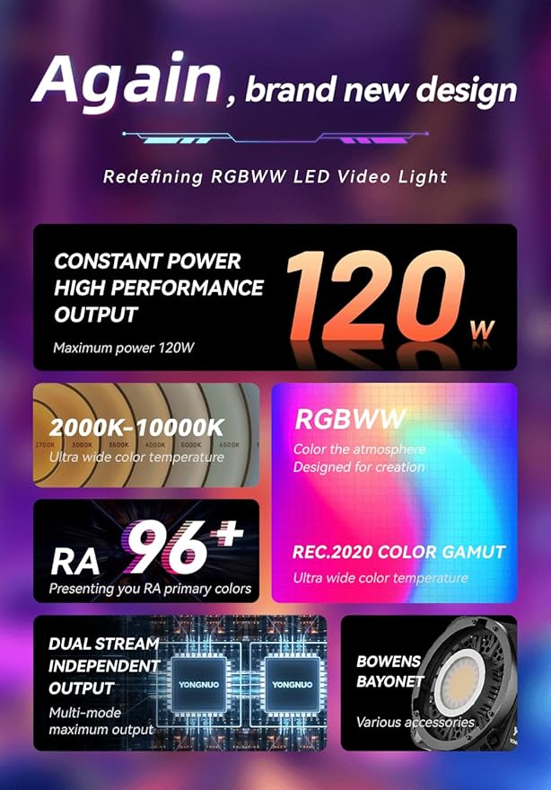 YONGNUO YNLUX100 RGB 120W LED Video Light Handheld Light with Bowens Mount 2700k-10000k Bi-Color tempreture and RGB 2.4G APP Remote Control for Studio Video, YouTube, Vlog, Live Stream, Filming, etc