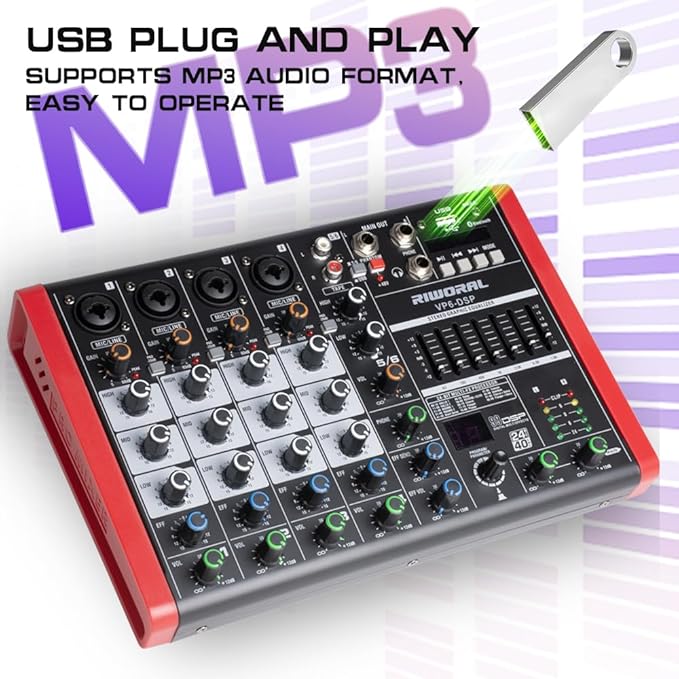 6 Channel Audio Interface DJ Mixer With 99 DSP Effects XLR 1/4 inch Jack USB Bluetooth Echo Delay Effect, Input 48V Phantom Power Stereo DJ Mixers for Recording, Live Streaming, Podcasting