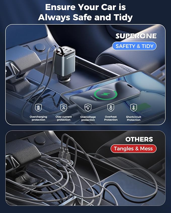 【2025 Ultra-Compact】 SUPERONE Retractable Car Charger, 5 in 1 Car Phone Charger with 84W Fast Charging Cables, Car Accessories Adapter for iPhone 16/15/14/13/12/11, Galaxy, Pixel