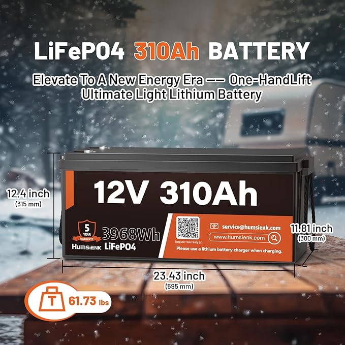 12V 310Ah LiFePO4 Lithium Battery – Max. 3968Wh, 15000+ Deep Cycle Battery with 100A BMS, Low-Temp Cutoff | A+ Grade Cells for Marine, Trolling Motor, Off-Grid Home Energy Storage, Van Life