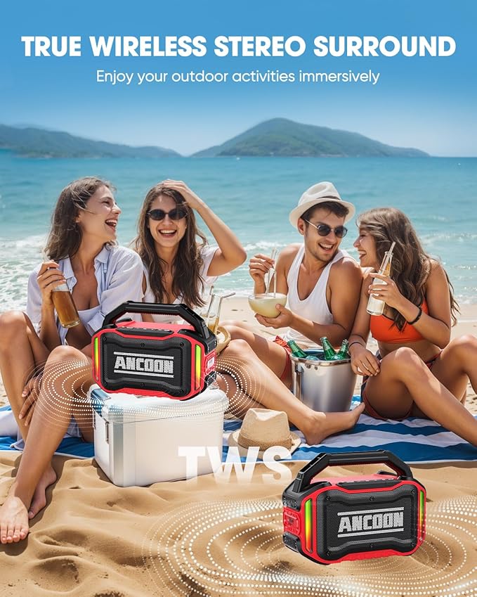 Speakers Bluetooth Wireless: 80W(Peak) Loud Speaker with Bass, 20H Playtime, IPX6 Waterproof, Large Jobsite Speakers for Work, Outdoor, Workshop, Garage, Portable Speaker with TWS (Red)