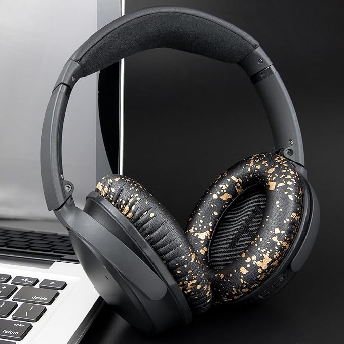 SoloWIT Replacement Earpads Cushions for Bose QuietComfort 35 (QC35) & Quiet Comfort 35 II (QC35 ii) Headphones, Ear Pads with Softer Leather, Noise Isolation Foam, Added Thickness (Black Gold)