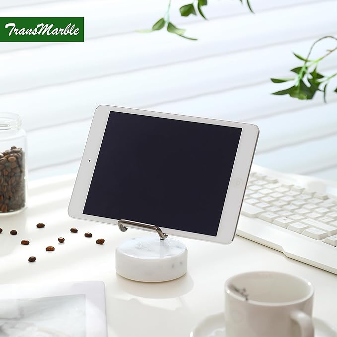 Marble Phone Stand with Metal Holder, Charging Available While Using, Swipe Up to Unlock, Made of Natural Marble as Business Card Holder for Office Desk (Starry White + Black)