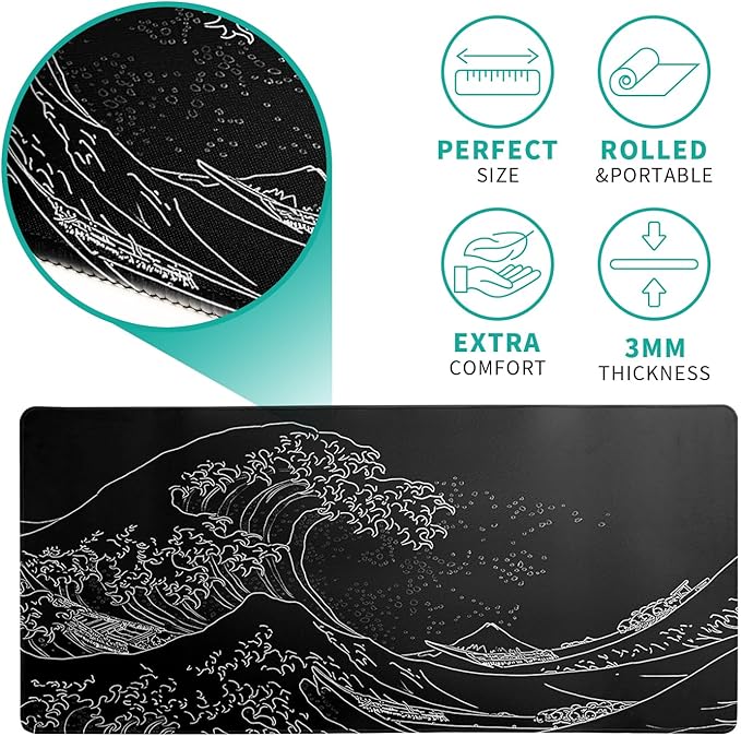 Japanese Gaming Mouse Pad Abstract Black Mouse Pad 31.5x11.8 Inch Black Sea Wave Texture Non-Slip Rubber Base Large Ocean Mousepad Stitched Edges Keyboard Mouse Mat Desk Pad for Office and Home