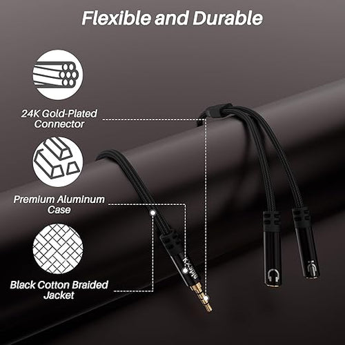 1/8inch Aux Headphone Splitter 2 Way Cable 1FT, 3.5mm 1 Male to 2 Female Mic and Audio Y TRRS Adapter, Compatible with Headset Earphone Switch 2/PS4/PS5 Steam Deck Xbox PC Laptop Phone Tablet Gaming