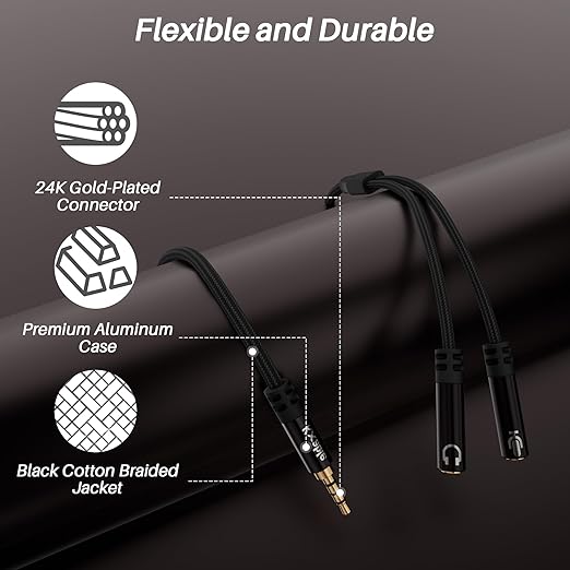 1/8inch Aux Headphone Splitter 2 Way Cable 3FT, 3.5mm 1 Male to 2 Female Mic and Audio Y TRRS Adapter, Compatible with Headset Earphone Switch 2/PS4/PS5 Steam Deck Xbox PC Laptop Phone Tablet Gaming