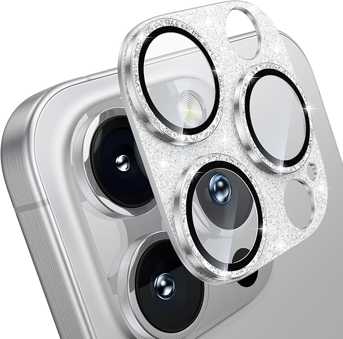 WSKEN for iPhone 16 Pro/iPhone 16 Pro Max Camera Lens Protector, [Military Grade Shatterproof] [Strong Adsorption] Metal Aluminum Alloy Tempered Glass Camera Screen Protector, Glitter