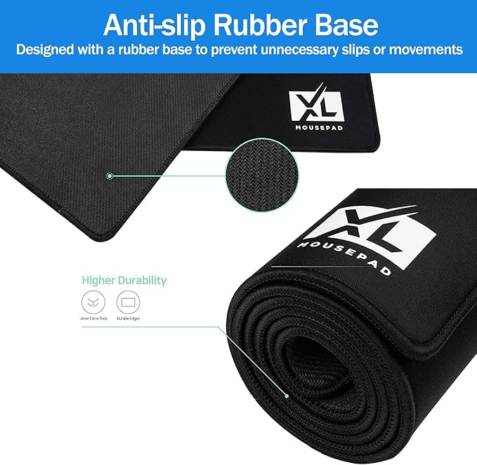 Large Extended Gaming Desk Mousepad (800x300x3mm) - Nonslip Rubber Base and Water Spill Resistant Desktop Keyboard Mouse Mat - Anti-Fray Cloth - Black