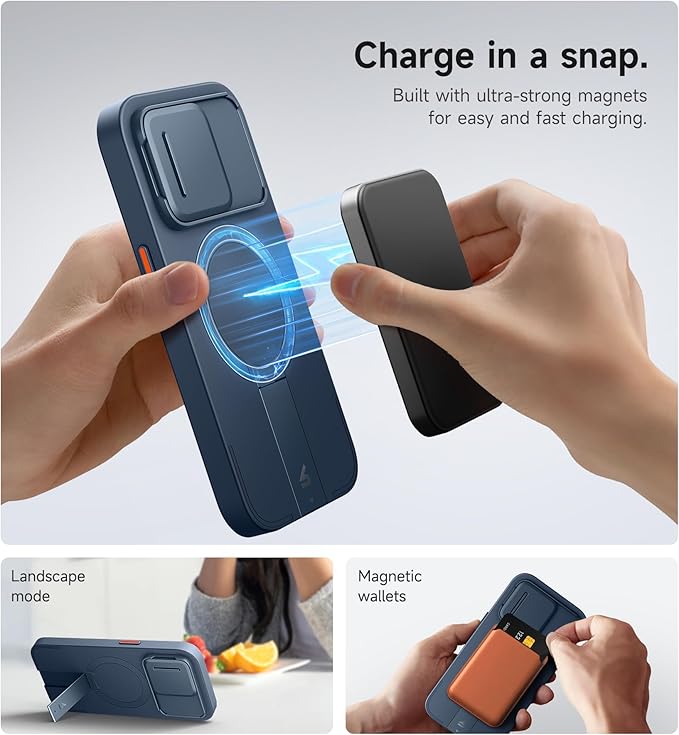 SURITCH for iPhone 14 Pro Case with Magnetic Camera Slide Cover and Adjustable Kickstand, Compatible with MagSafe, Shockproof Bumper Case Slim Protective Cover for iPhone 14 Pro 6.1 Inch, Blue
