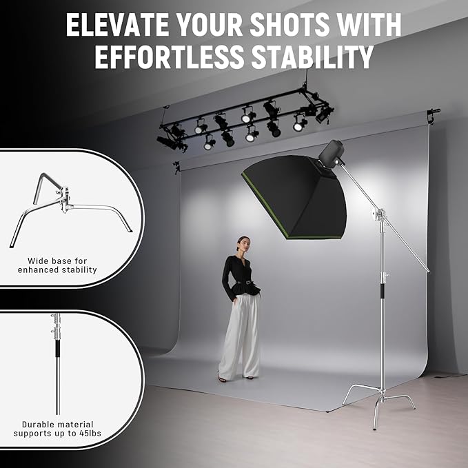 C Stand with Boom Arm Professional Heavy Duty Light Stand with 10.8ft Vertical Pole, C-Stand with 4.2ft Boom Arm, Adjustable Base for Studio Equipment