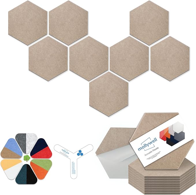 Mollywell Hexagon Acoustic Panels, High Density, Soundproofing, Decorative Noise Reduction Felt Wall Tiles for Ceilings, Home Office & Gaming Room (Deep Camel), 12x10x0.4 Inch