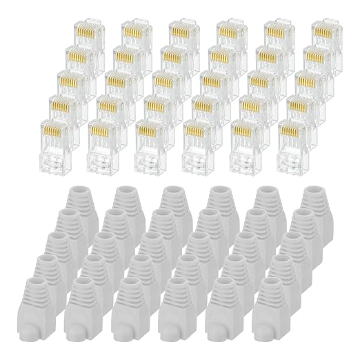 MECCANIXITY 100pcs Cat6 RJ45 Pass Through Connectors, RJ45 Connector 8P8C Gold Plated Plugs with 100pcs Light Grey Strain Relief Boots for Solid or Stranded UTP Ethernet Cable, 1.1mm