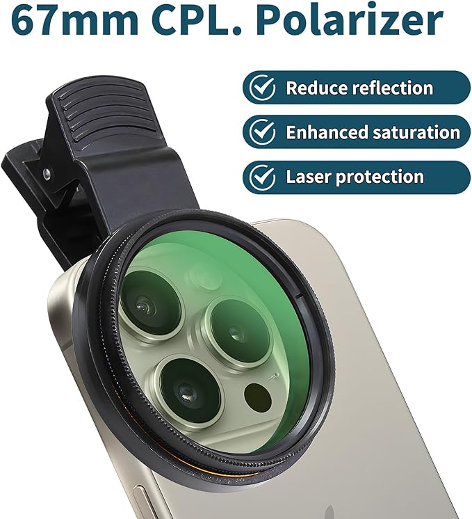 67mm Clip-on CPL Phone Camera Lens Filter, Polarized Camera Lens CPL Filter for iPhone 16 15 Pro Max Plus 14 13 Pro Max Mini 12 11 X XS Max Galaxy