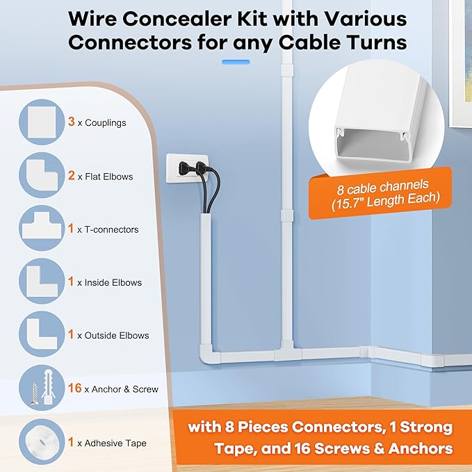 126in Cord Hider Kit, ZhiYo Wire Hiders for TV on Wall, Paintable Cable Management Kit, Wire Cover for Wall Mount TV, White Cable Raceway, Cord Cover Wall Wire Management Kit, 8xL15.7in W1.18inH0.67in