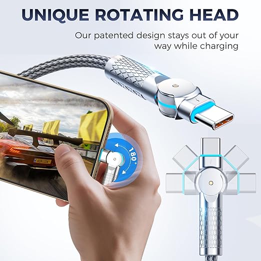 USB C to USB C Cable10ft,240W 2-Pack Braided 180°Rotating Type C Charging CableFast Charge for iPhone 16/16Pro/16Plus/16ProMax,MacBook Air,iPad Pro,Pixel,Samsung Galaxy S23/S24 Ultra-Light Grey