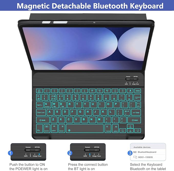 Galaxy Tab S9 FE+/ S9+ /S10+ 12.4 Inch Case with Keyboard, 7-Color Backlit Keyboard with S Pen Holder for Samsung Tab S10 Plus/S9FE Plus 5G 12.4" Black