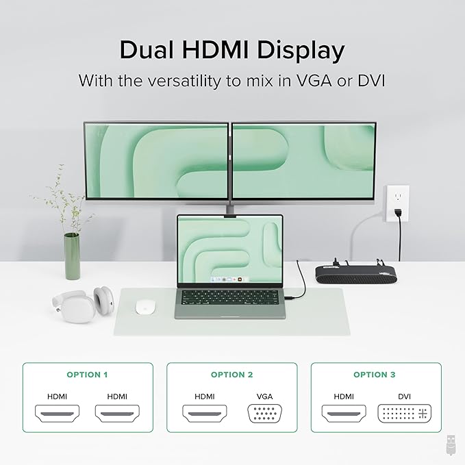 Plugable USB 3.0 Universal Docking Station for Windows, macOS, ChromeOS (Dual HDMI Monitors or DVI/VGA, Gigabit Ethernet, Audio, 6 USB Ports)