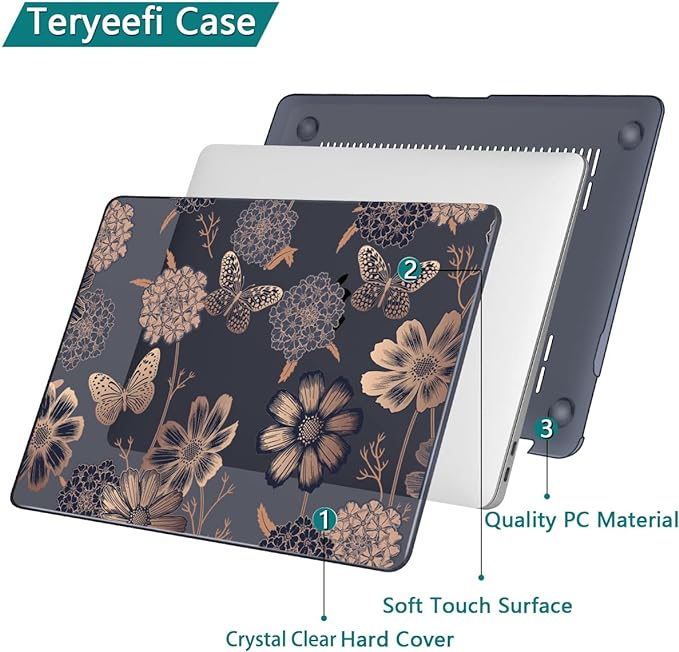 Teryeefi for MacBook Air 13 inch Case 2021 2020 2019 2018 Release (Model A2337 A2179 A1932 Retina Display with Touch ID), Plastic Hard Shell Case & Keyboard Cover for MacBook Air 13 M1, Gold Flowers